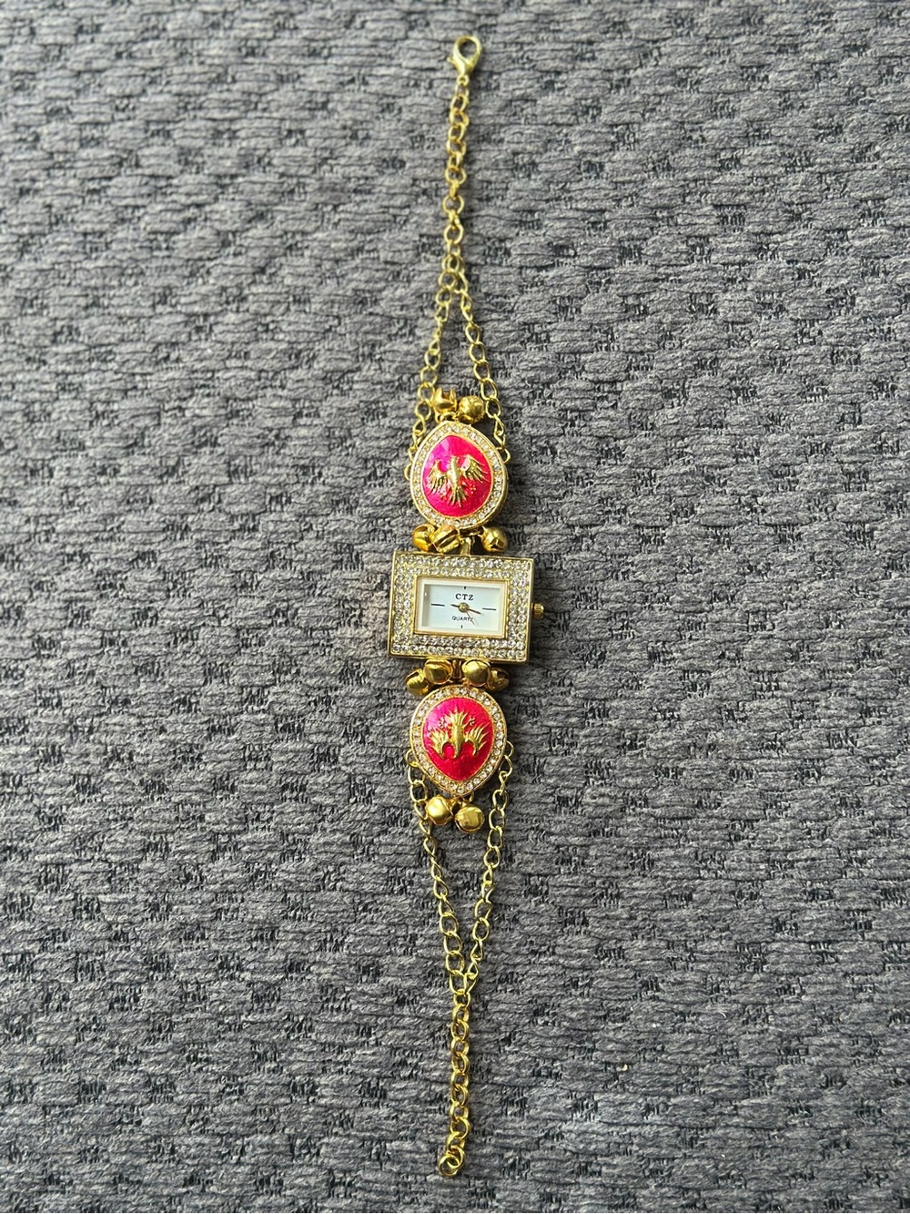 Gold Bracelet Watch with Pink Enamel Accents